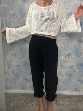 French Le Bain by Molly Bracken Open Knit Bell Sleeve Crop Sweater Boho Y2K